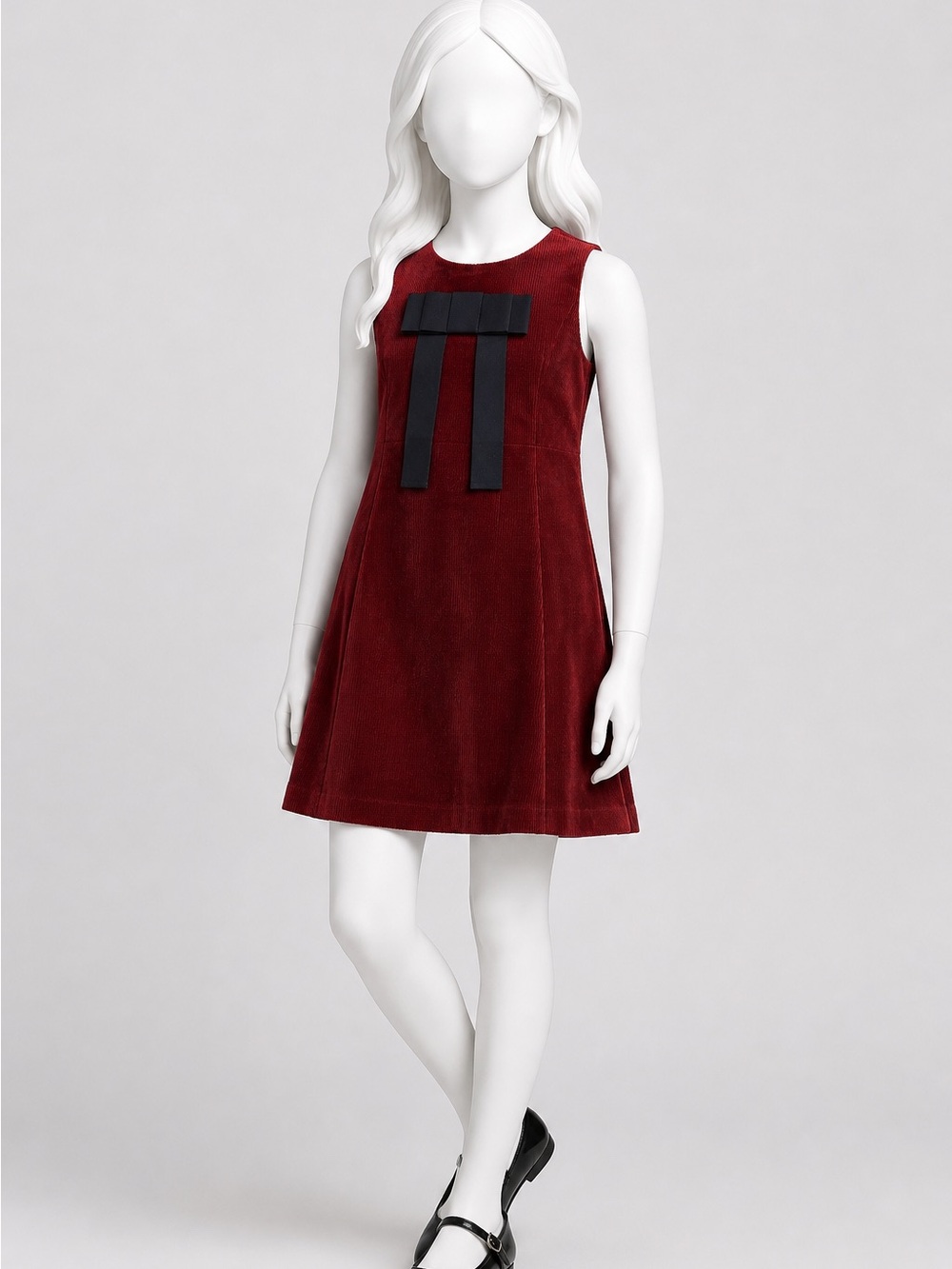 A Loves A Girls Burgundy Corduroy Dress NWT Black Bow Sleeveless A-Line